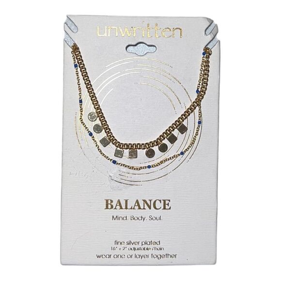 Unwritten Gold Flash Plated Square Circle & Blue Bead Layered Pendant Necklace - Picture 2 of 3